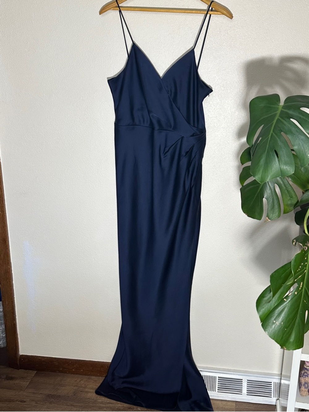 BHLDN Navy Satin Slip Maxi Dress with Spaghetti Straps